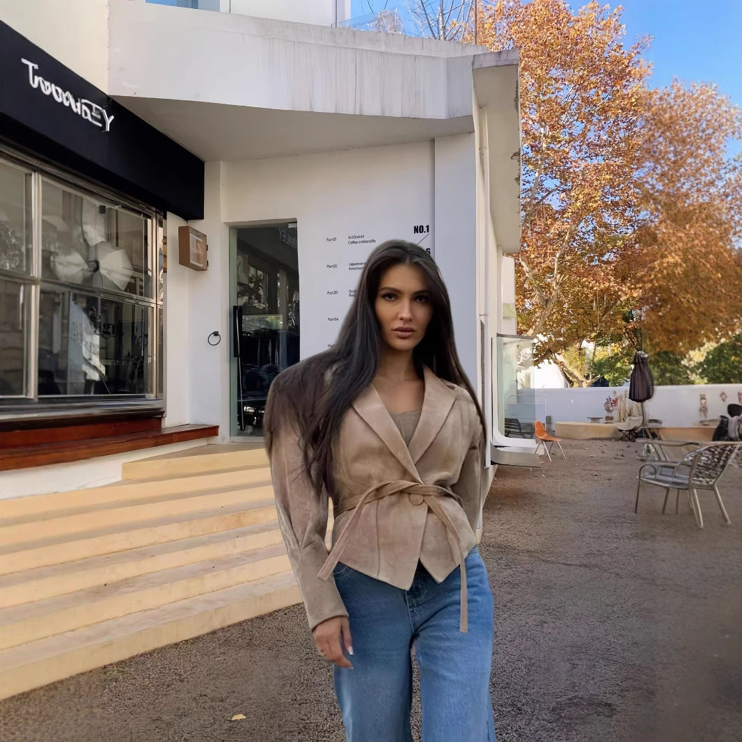 Damen schicke Wollblazerjacke mit Taillengürtel WW