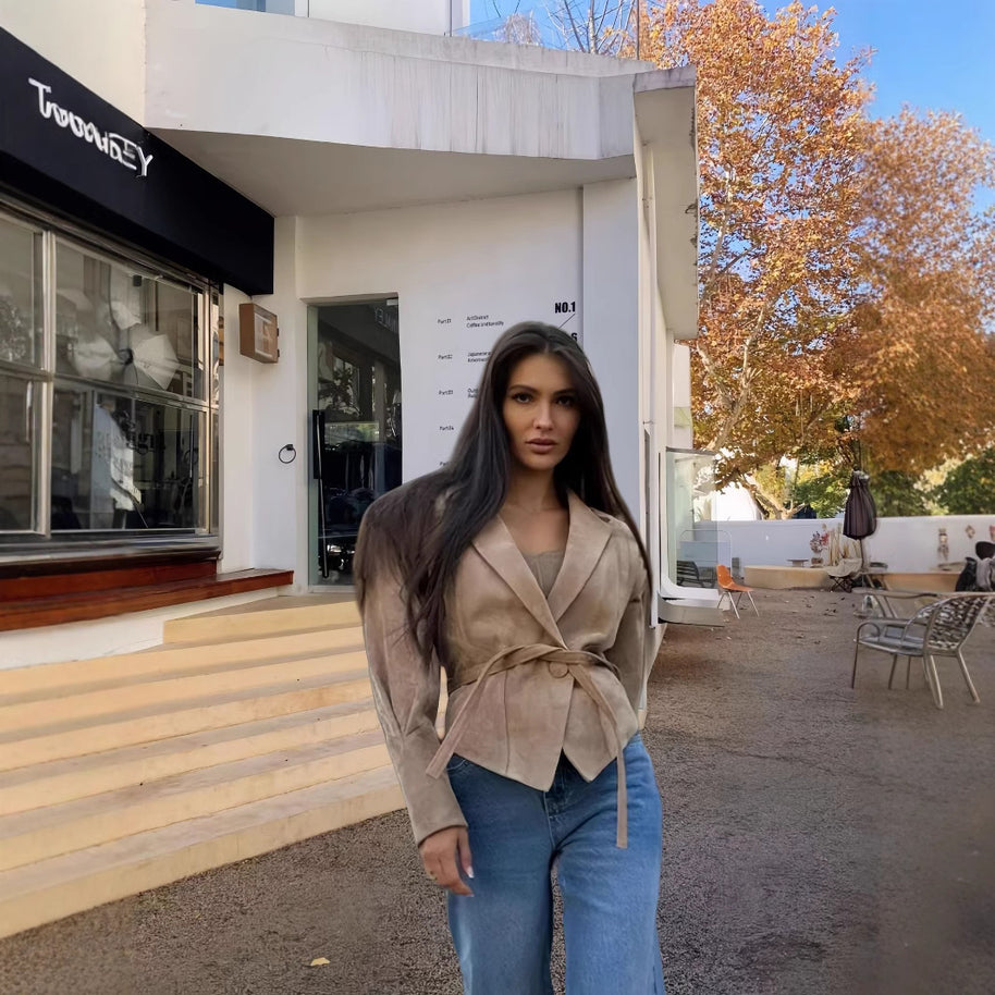 Damen schicke Wollblazerjacke mit Taillengürtel WW