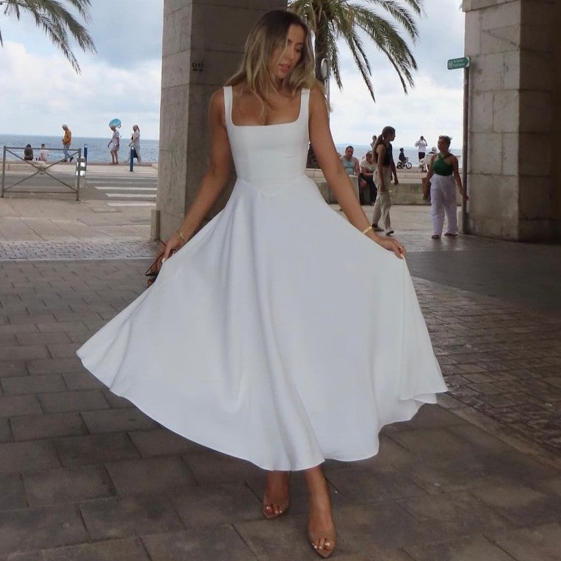 Damen Abendkleid mit quadratischem Ausschnitt und fließendem Rock WW