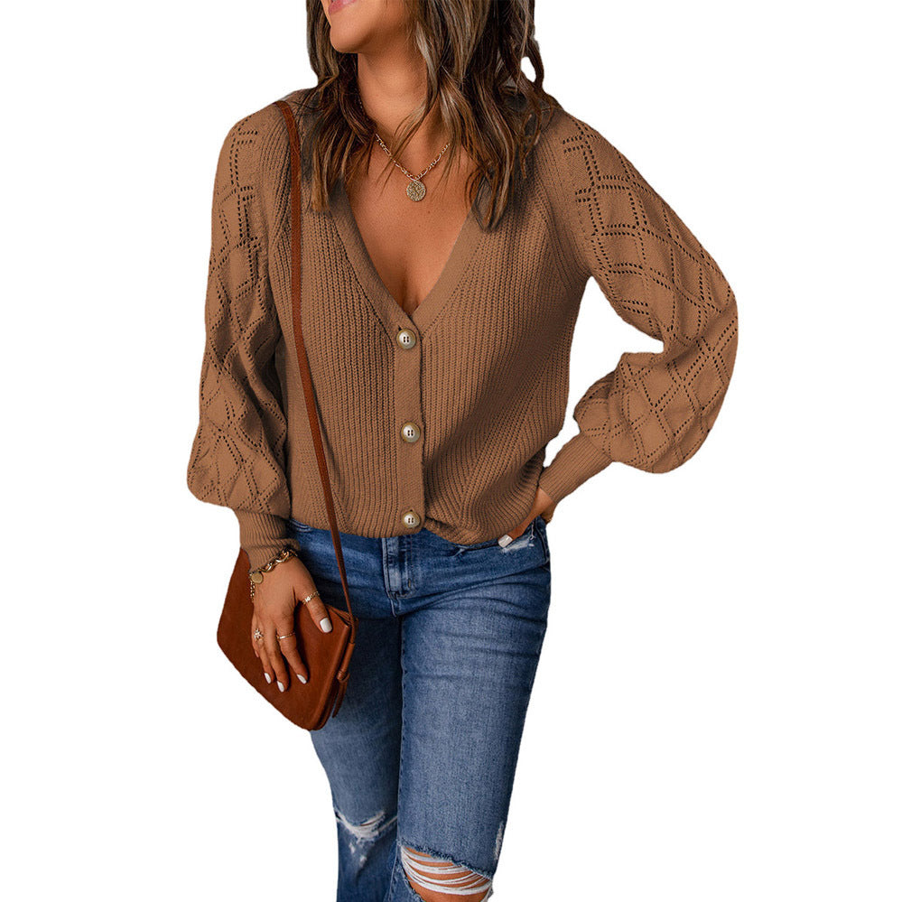 Damen Strickjacke mit V-Ausschnitt und Puffärmeln WW