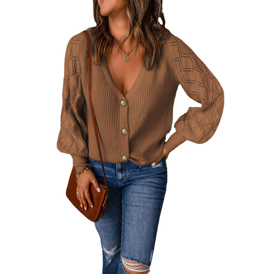 Damen Strickjacke mit V-Ausschnitt und Puffärmeln WW