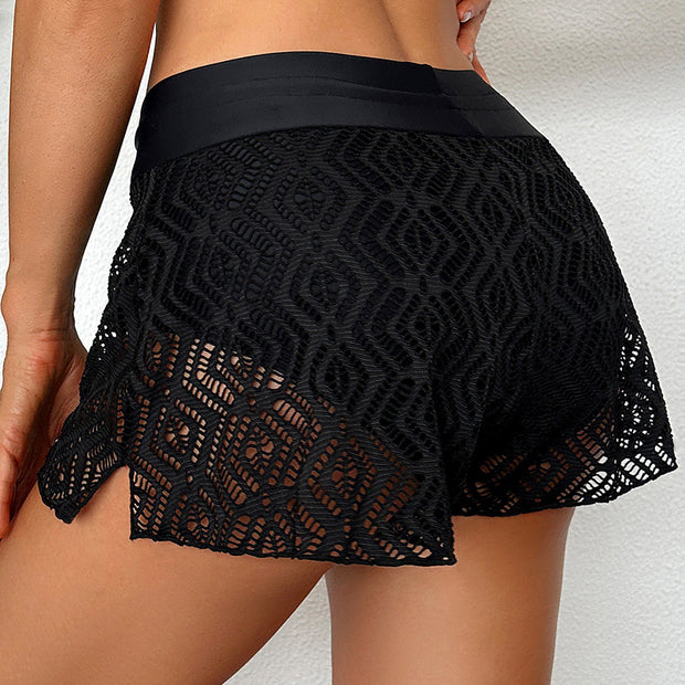 Damen Bade-Shorts mit gehäkeltem Design und elastischem Bund WW