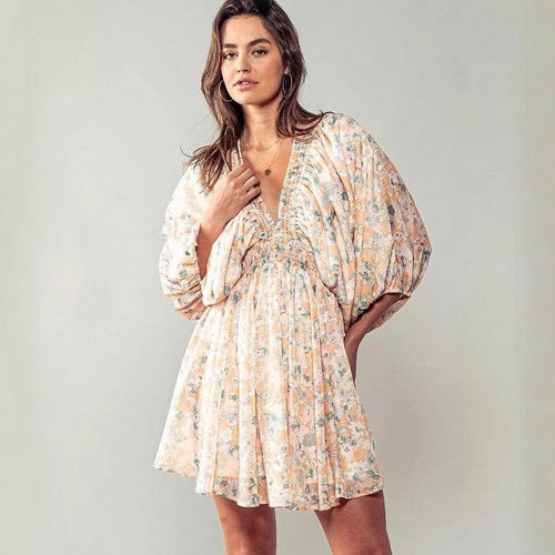 Damen romantisches Gartenkleid mit puffärmeln und elastischer Taille WW