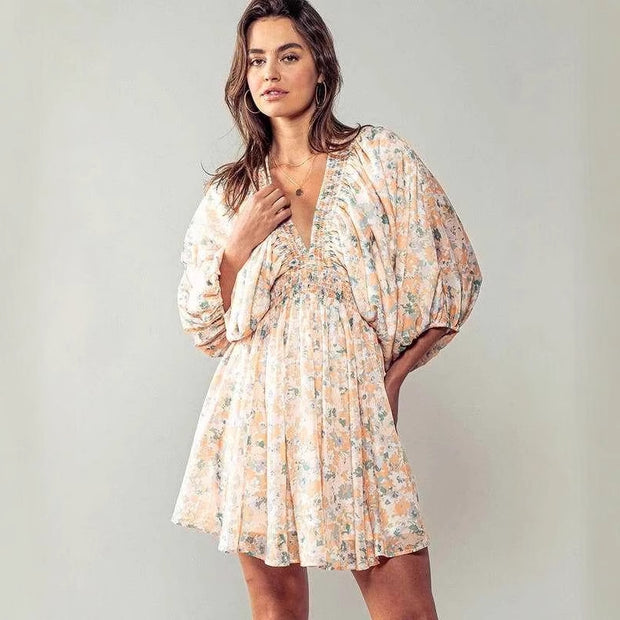 Damen romantisches Gartenkleid mit puffärmeln und elastischer Taille WW