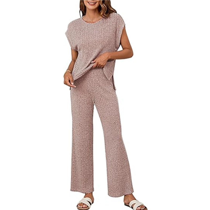 Damen Bequemes Strick-Loungewear-Set mit weiten Ärmeln und lockerer Passform WW