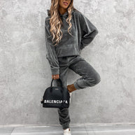 Damen sportliches Velours-Loungewear-Set mit Kapuze und elastischem Bund WW