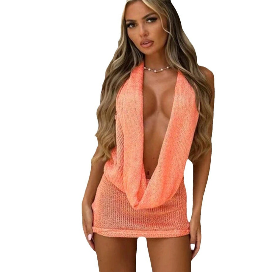 Damen Strickminikleid mit tiefem V-Ausschnitt und lockerer Passform WW