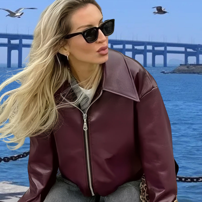 Damen Kunstlederjacke mit Stehkragen und voluminösen Ärmeln WW