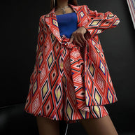 Damen Blazer und Shorts Set mit geometrischem Muster und taillierbarem Gürtel WW