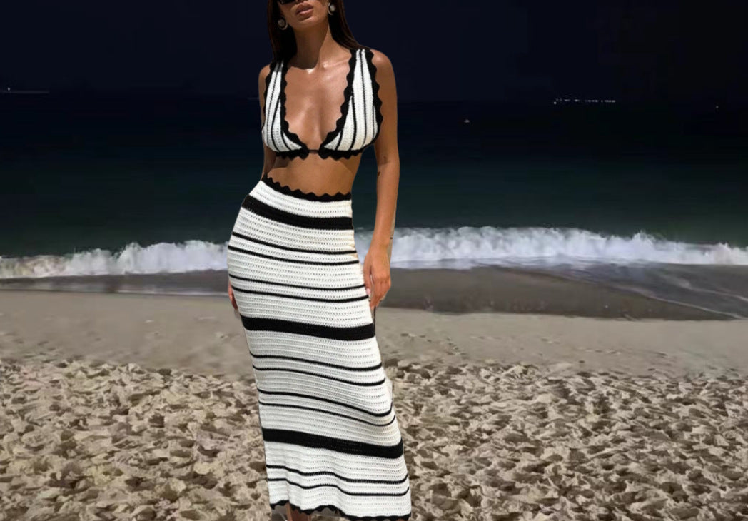 Damen Strick-Bikini-Set mit schickem Wellenmuster und hohem Bund WW