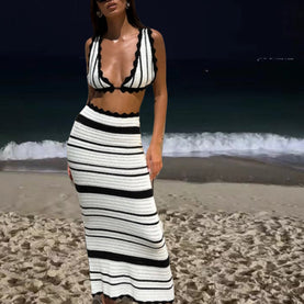 Damen Strick-Bikini-Set mit schickem Wellenmuster und hohem Bund WW