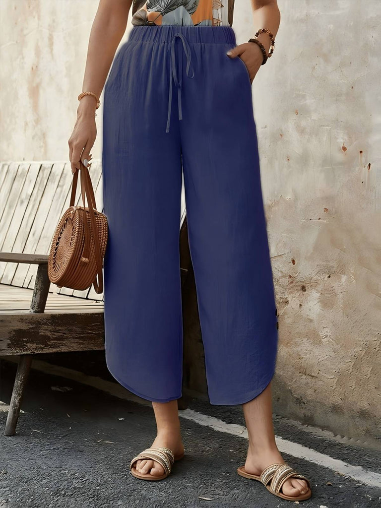 Damen luftige Leinenhose mit elastischem Bund und praktischen Taschen WW