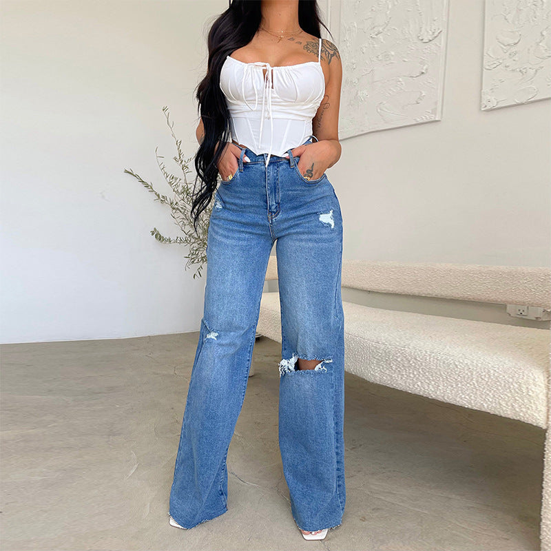 Damen weite High-Waist Jeans mit destroyed Effekten WW