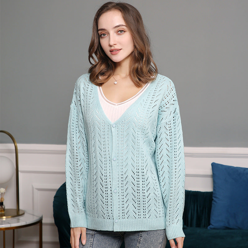 Damen Strickcardigan mit luftiger Lochmusterung und V-Ausschnitt WW