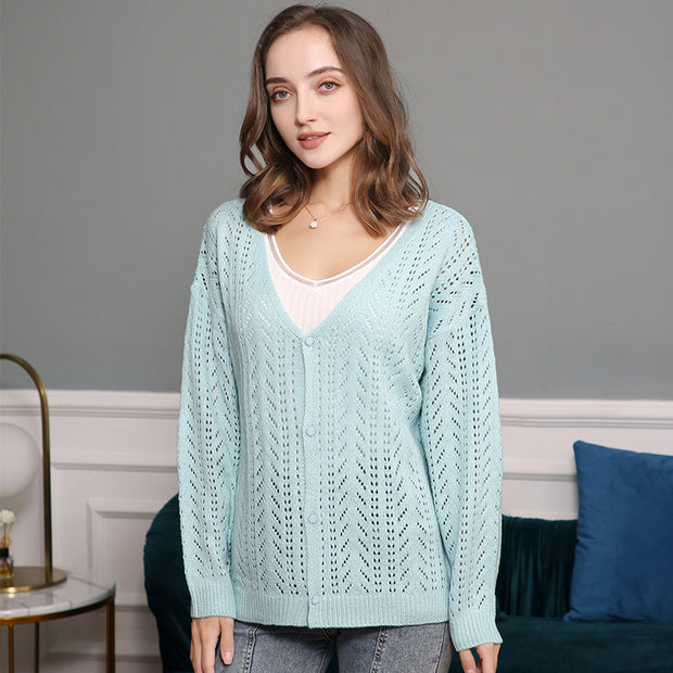 Damen Strickcardigan mit luftiger Lochmusterung und V-Ausschnitt WW