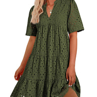 Damen luftiges Midikleid mit romantischem Lochmuster und V-Ausschnitt WW