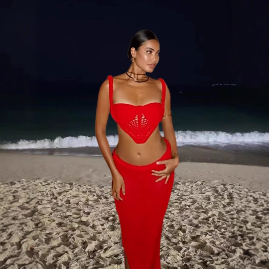 Damen Set aus gehäkeltem Crop-Top und Bleistiftrock WW