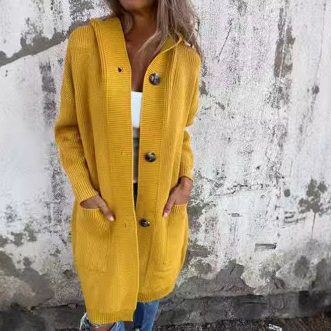 Damen Strickjacke mit Kapuze und Knöpfen WW