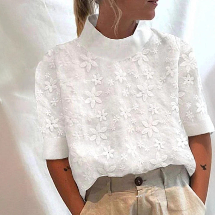 Damen nan leichte bestickte Bluse mit Stehkragen und dreidimensionaler Blütenapplikation W&W Mode