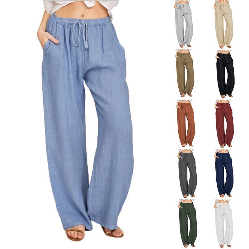 Damen Bequeme und luftige Leinenhose mit elastischem Bund und Seitentaschen WW