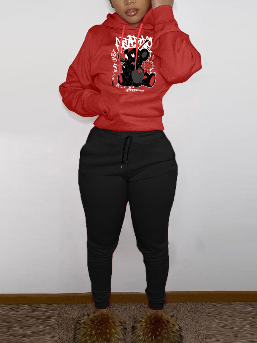 Damen Sportliches Kapuzensweatshirt und Jogginghose Set mit niedlichem Muster WW