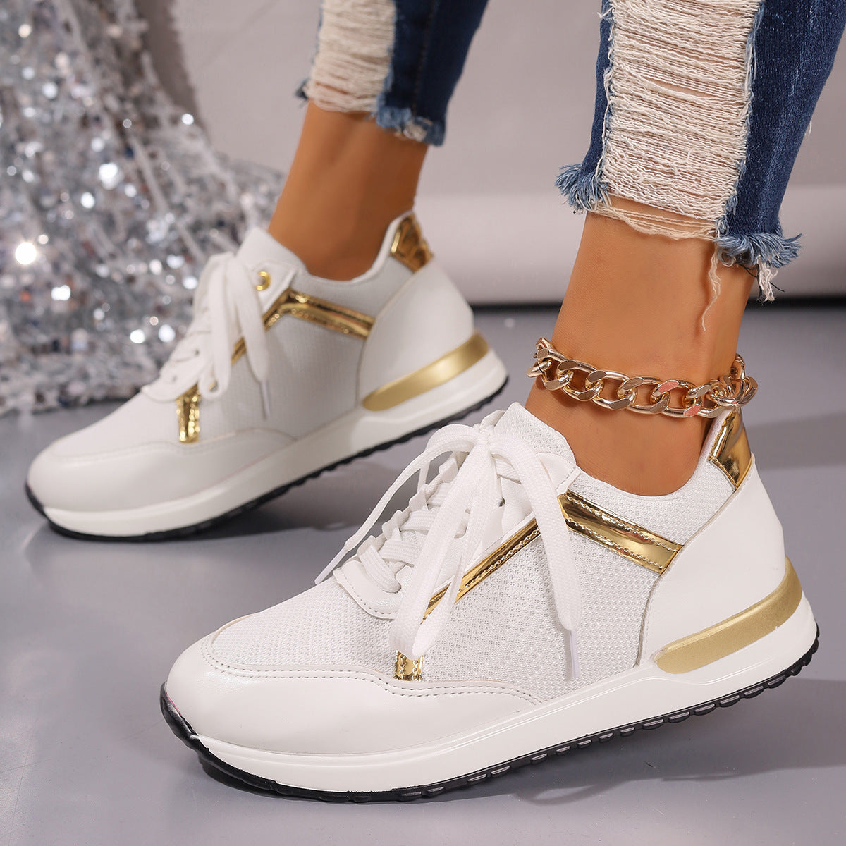 Damen Sportliche Sneakers mit modischem Goldakzent und atmungsaktiver Mesh-Oberfläche WW