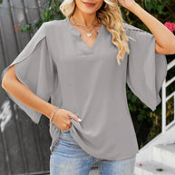 Damen Bequeme Bluse mit weiten Ärmeln und V-Ausschnitt WW