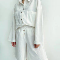 Damen Relaxed Fit Button-Up Shirt und elasticalm Bund Shorts Set WW