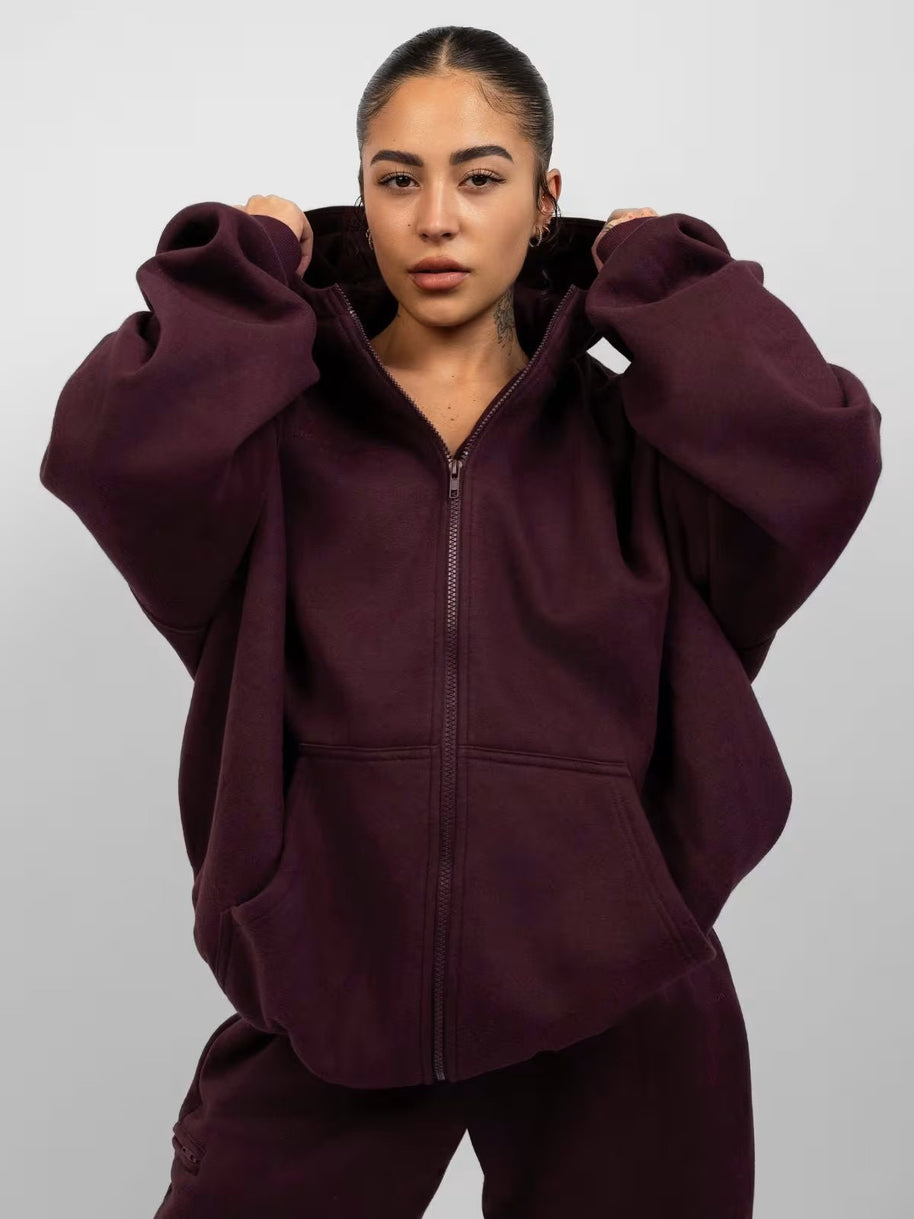 Damen sportliches Fleece-Hoodie-Set mit Reißverschluss und weiten Hosen WW