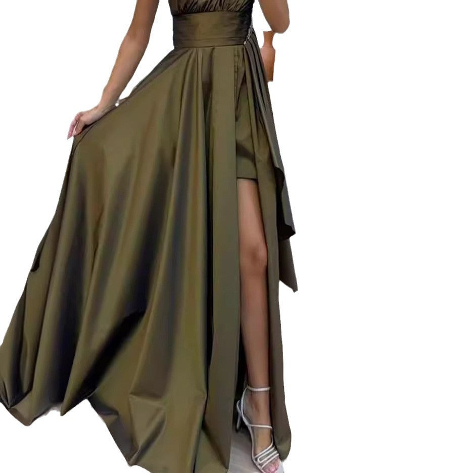 Damen asymmetrisches Maxikleid mit elegantem Schnitt und hohem Schlitz WW