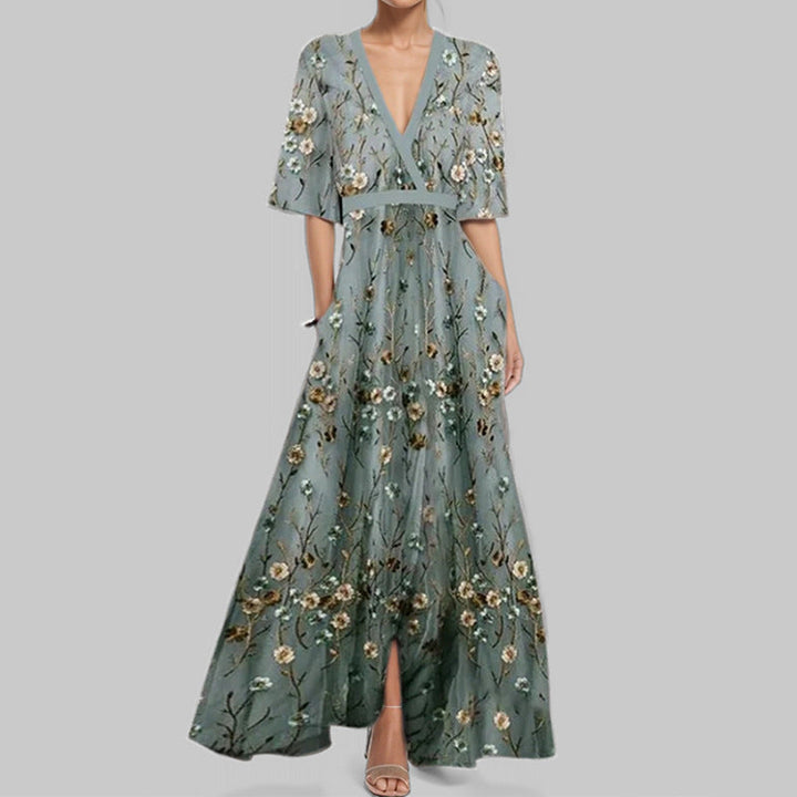 W&W Mode | Elegantes V-Ausschnitt bedrucktes Taillenkleid mit Schößchen