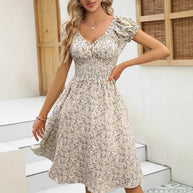 Damen Floral Midi-Kleid mit elastischem Bund und Puffärmeln WW
