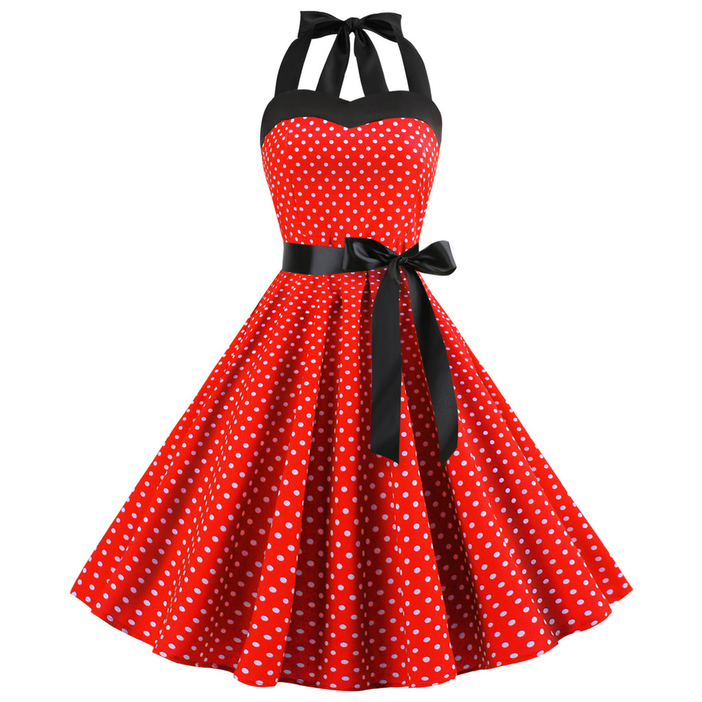 Damen Rockabilly Kleid mit Polka-Dots und Taillengürtel WW