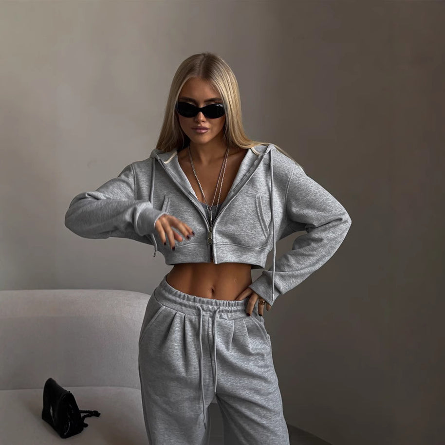 Damen sportliches Cropped Sweat-Set mit elastischem Bund und lässigem Schnitt WW