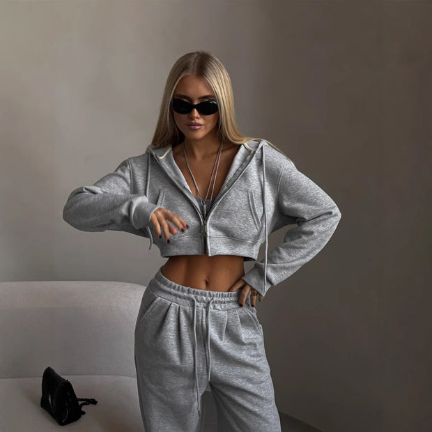 Damen sportliches Cropped Sweat-Set mit elastischem Bund und lässigem Schnitt WW