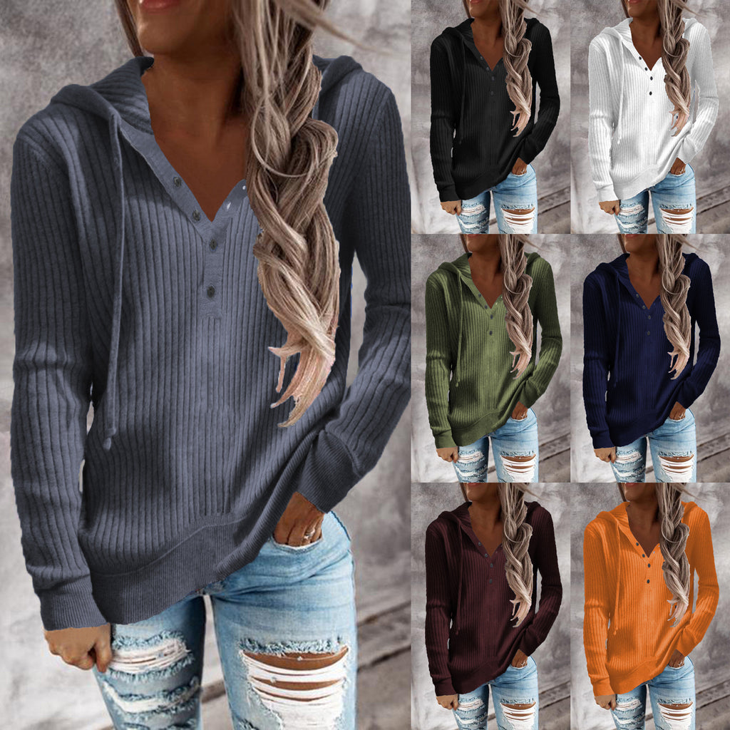 Damen Hoodie mit strukturiertem Rippmuster und knöpfbarem Ausschnitt WW