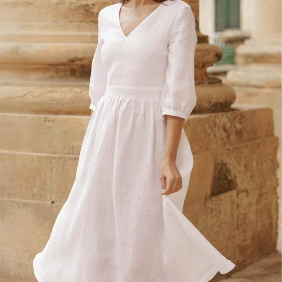 Damen Leinenkleid mit elegantem V-Ausschnitt und lockerem Schnitt WW
