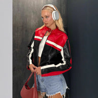 Damen sportliche Kunstlederjacke mit dekorativen Streifen WW