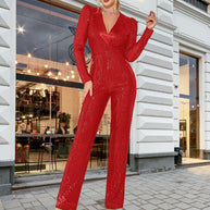 Damen Funkelnder Jumpsuit mit figurschmeichelndem Schnitt und elegantem V-Ausschnitt WW