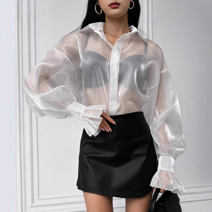 Damen Transparente Bluse mit voluminösen Ärmeln und eleganten Rüschendetails WW