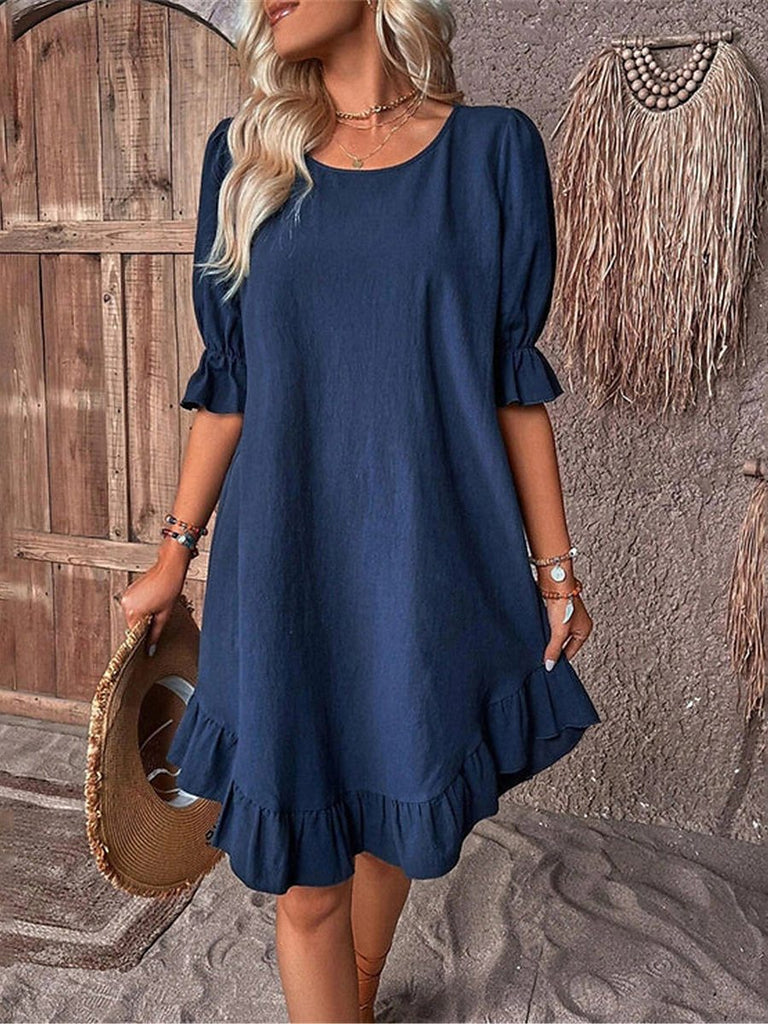Damen lässiges Sommerkleid mit Rüschendetail und weit ausgestelltem Schnitt WW