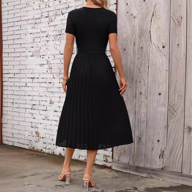 WW | Lässiges Fließendes Kurzarm-Gürtel-Midikleid