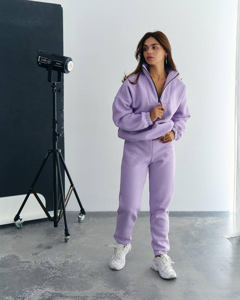 Damen Sportlicher Fleece-Traininganzug mit halbem Reißverschluss und elastischen Bündchen WW