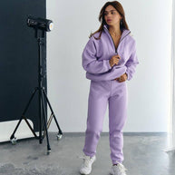 Damen Sportlicher Fleece-Traininganzug mit halbem Reißverschluss und elastischen Bündchen WW