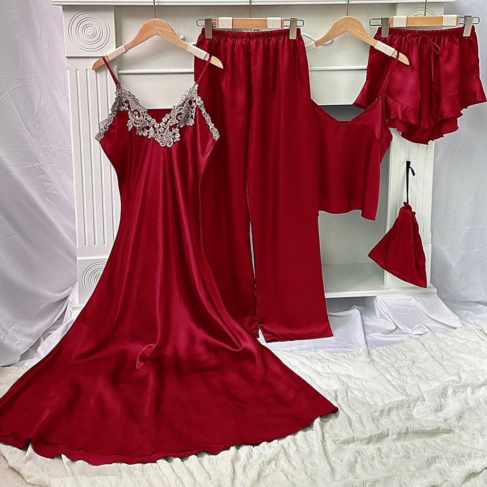 Damen Luxus Nachtwäsche Set mit zarter Spitze und fließendem Satin WW