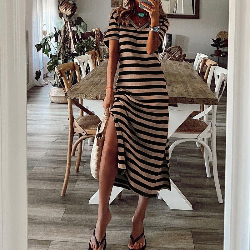 Damen lässiges Sommermaxikleid mit Streifen und Seitenschlitz WW