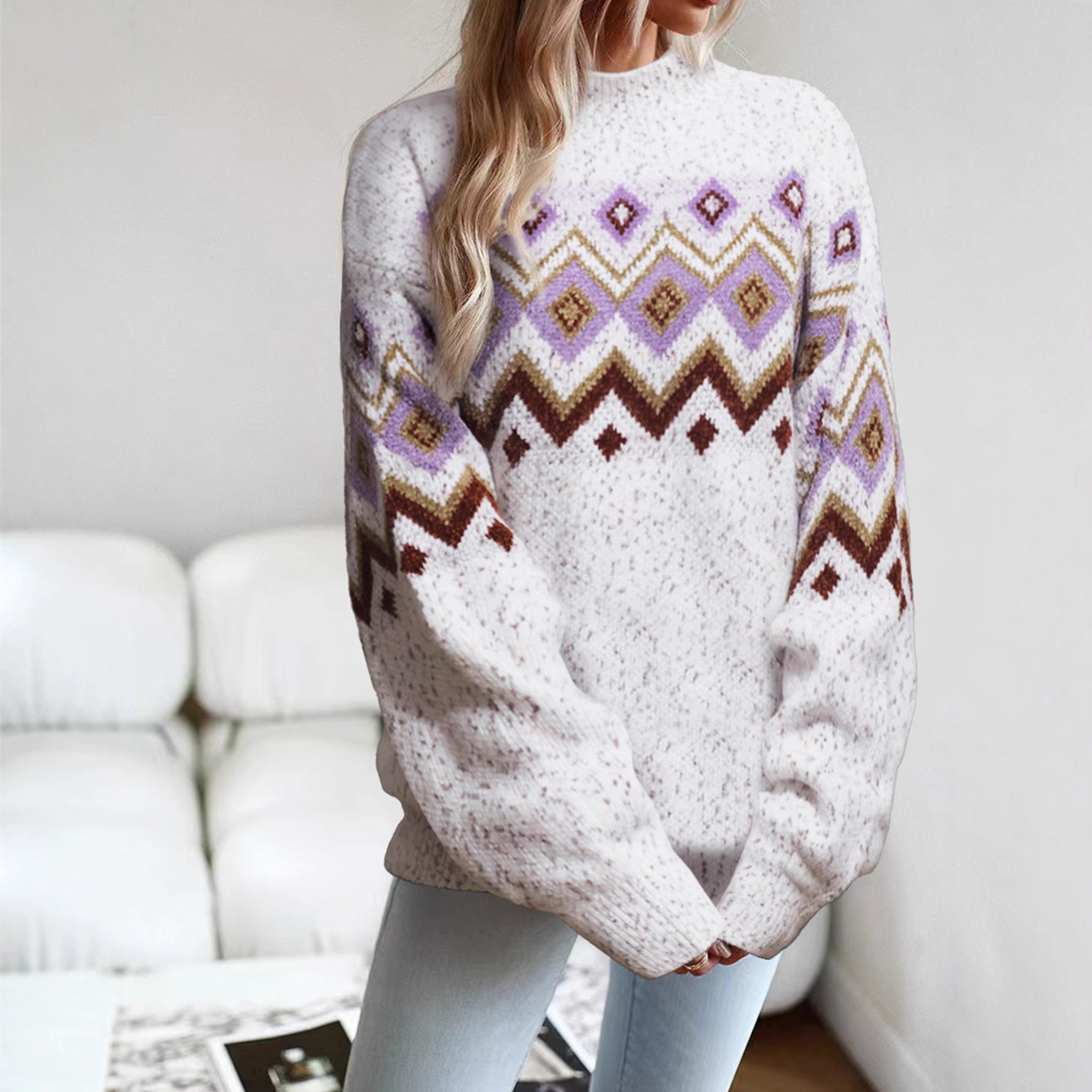Damen Strickpullover mit geometrischem Muster und lockerem Schnitt WW