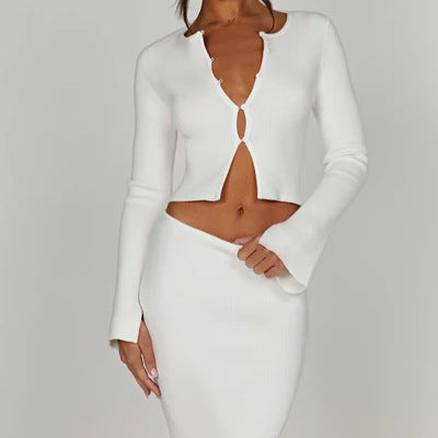 Damen Strick Set mit tiefem Ausschnitt und ausgestellten Ärmeln WW