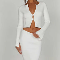 Damen Strick Set mit tiefem Ausschnitt und ausgestellten Ärmeln WW