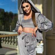 Damen Sportliches Velvet Loungewear-Set mit Hoodiefunktion WW